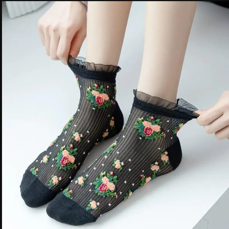 Women Vintage Mori Small Tiny Flower Lace Cotton Socks