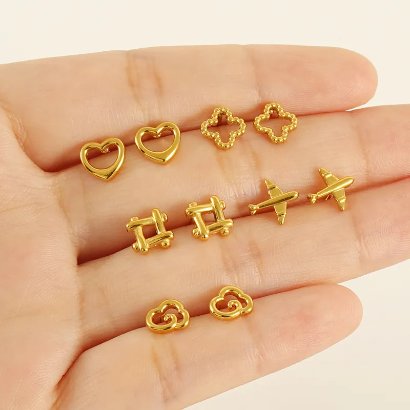 Women Fashion Mini Heart Shaped Hollow Irregular Titanium Steel Earrings