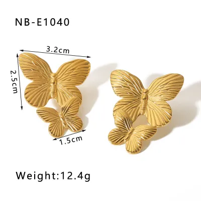 Women Fashion Retro Gold Butterfly Stainless Steel Earrings