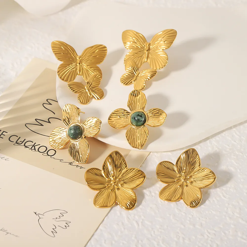 Women Fashion Retro Gold Butterfly Stainless Steel Earrings