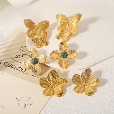 Women Fashion Retro Style Gold Butterfly Stainless Steel Earrings