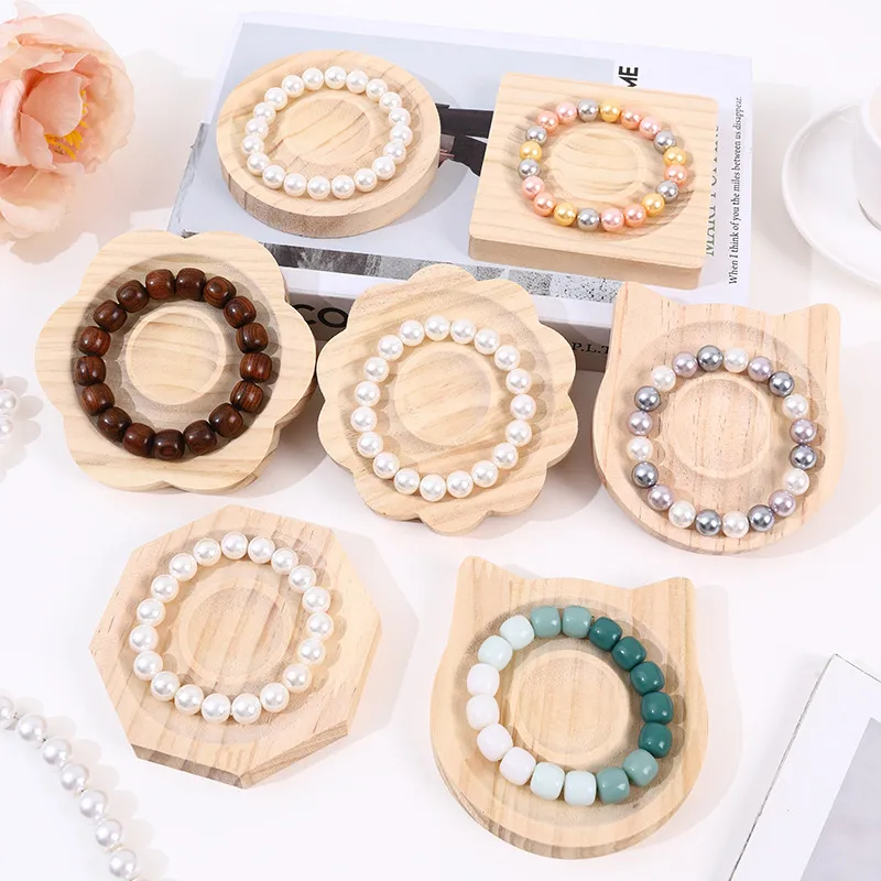 Women Simple Solid Wood Round Bracelet Jewelry Display Tray
