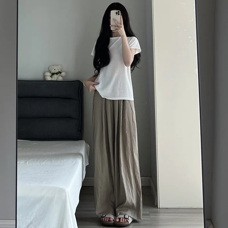 Women Casual Solid Color High Waist Loose Wide-Leg Ice Silk Pants