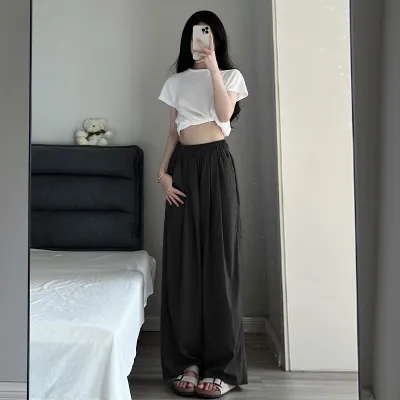 Women Casual Solid Color High Waist Loose Wide-Leg Ice Silk Pants