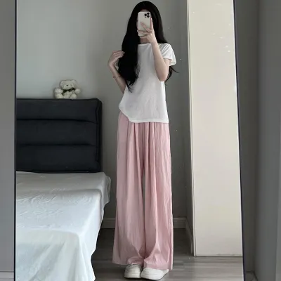 Women Casual Solid Color High Waist Loose Wide-Leg Ice Silk Pants