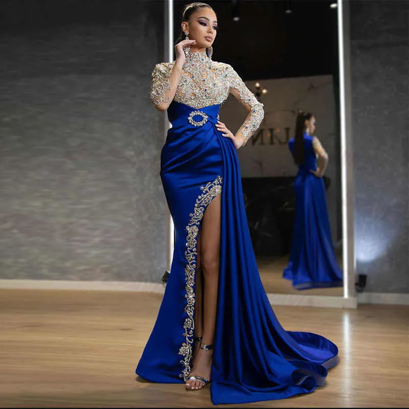 Women Sexy Blue Rhinestone Embroidery Stitching Party Dress