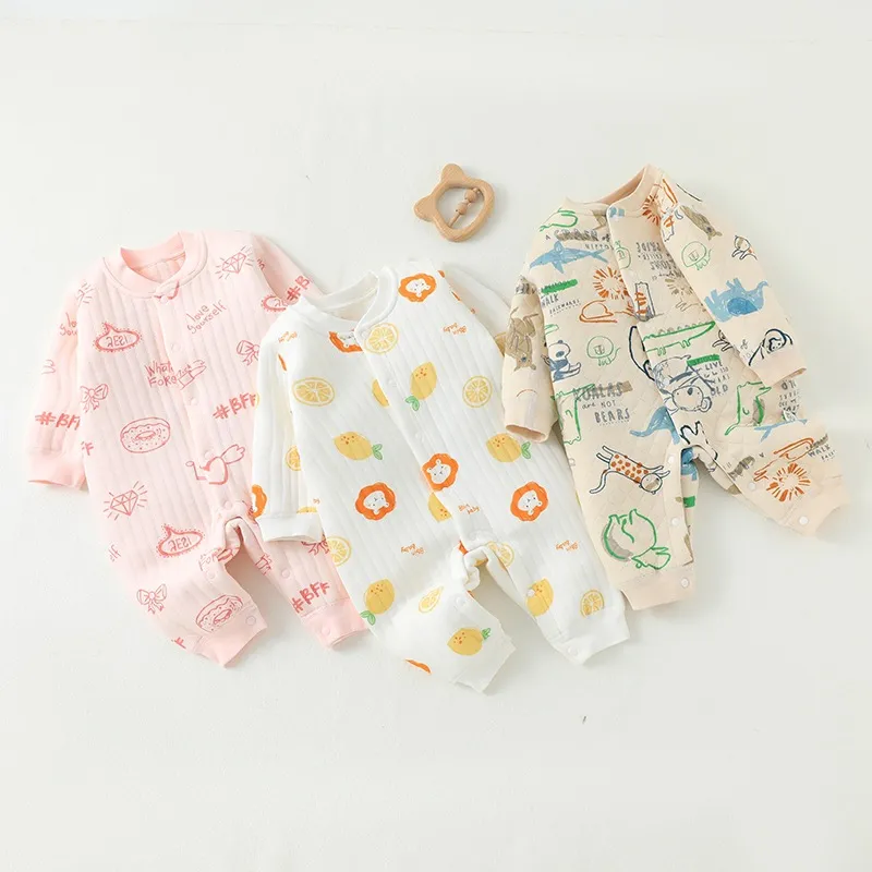 Kids Baby Boys Girls Spring Autumn Casual Cute Cartoon Print Long Sleeve Romper Combed Cotton Thickening