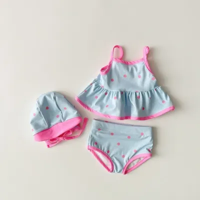 Kids Toddler Girls Cute Polka Dot Print Swim Cap Tankini Set 3-Piece Swimwear
