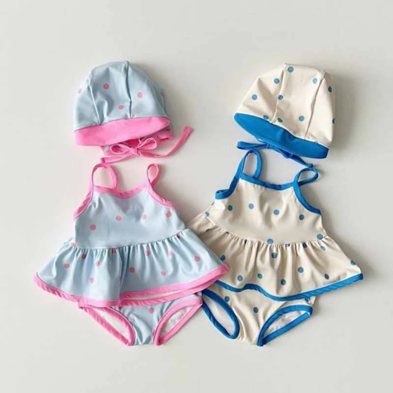Kids Toddler Girls Cute Polka Dot Print Swim Cap Tankini Set 3-Piece Swimwear