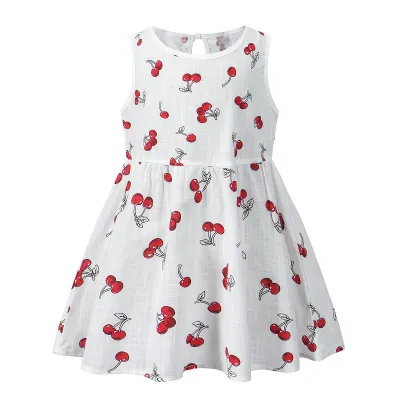 Kids Toddler Girls Casual Cute Cherry Strawberry Flower Print Sleeveless Dress