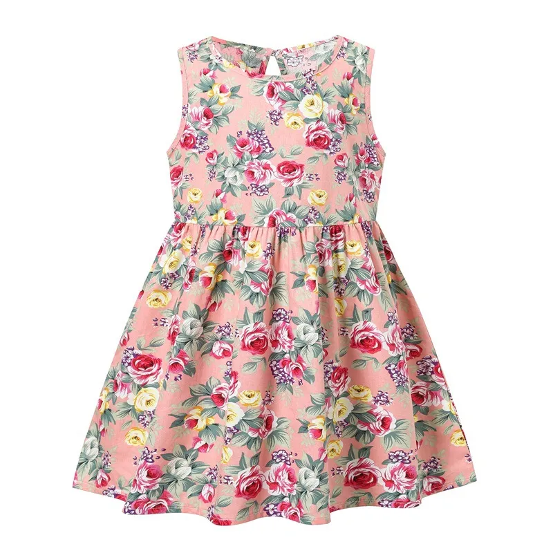 Kids Toddler Girls Casual Cute Flower Print Sleeveless Cotton Dress
