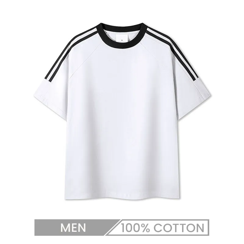 250gsm Men Stripes 100% Cotton Retro Casual Short Sleeve T-Shirt