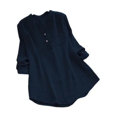 Women Casual Solid Color Plus Size V-Neck Long Sleeve Slub Cotton Top