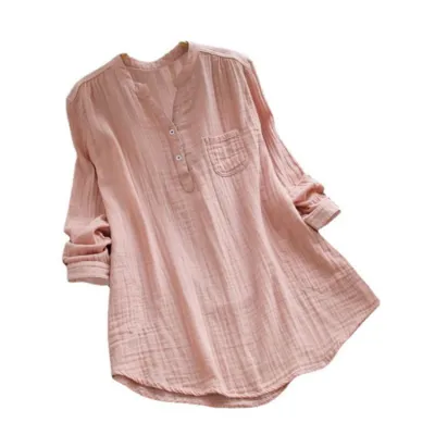 Women Casual Solid Color Plus Size V-Neck Long Sleeve Slub Cotton Top
