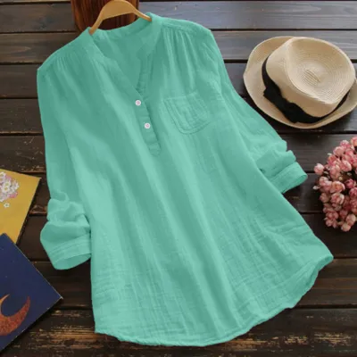 Women Casual Solid Color Plus Size V-Neck Long Sleeve Slub Cotton Top