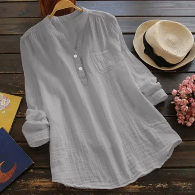 Women Casual Solid Color Plus Size V-Neck Long Sleeve Slub Cotton Top