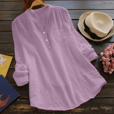 Women Casual Solid Color Plus Size V-Neck Long Sleeve Slub Cotton Top
