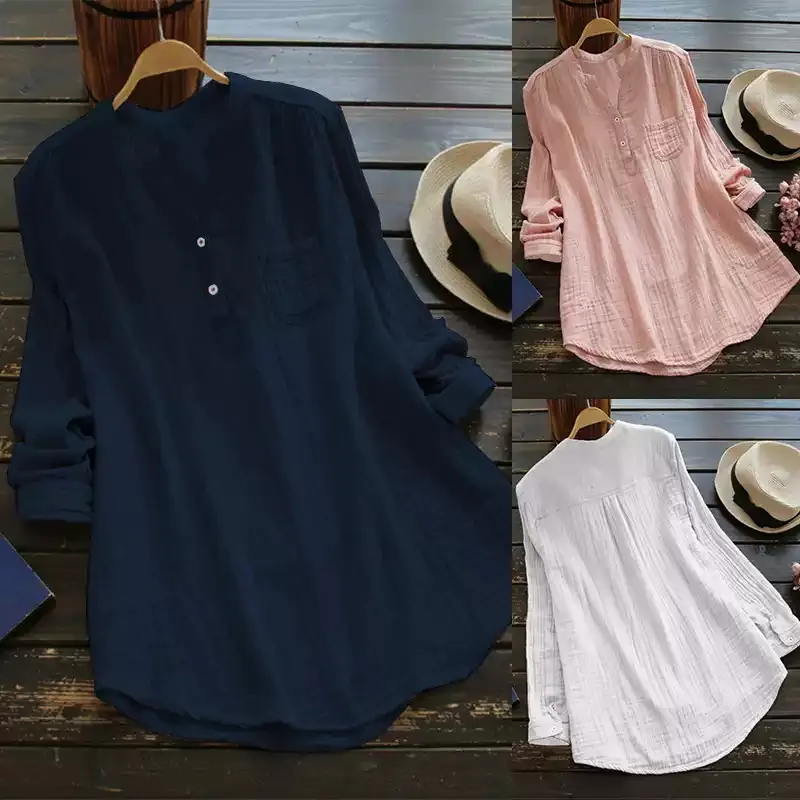 Women Casual Solid Color Plus Size V-Neck Long Sleeve Slub Cotton Top