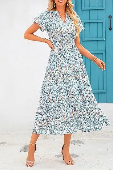 Women Casual V-Neck Floral Print Short Sleeve A-Line Dress