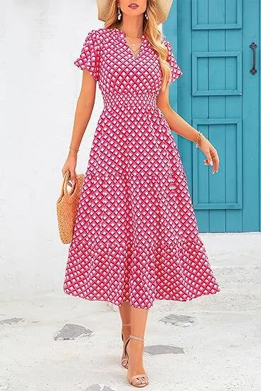 Women Casual V-Neck Floral Print Short Sleeve A-Line Dress