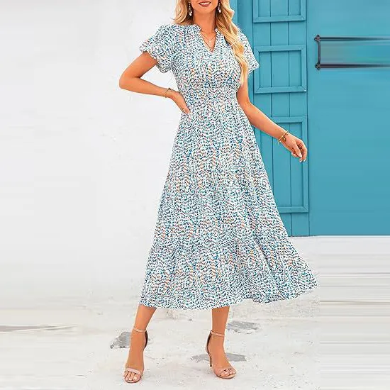 Women Casual V-Neck Floral Print Short Sleeve A-Line Dress