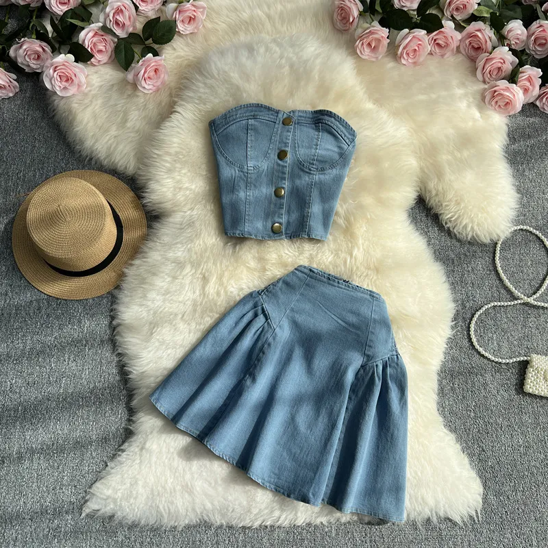 Summer Women's Denim Tube Top and High Waist A-Line Skirt Two-Piece Set - Retro Style