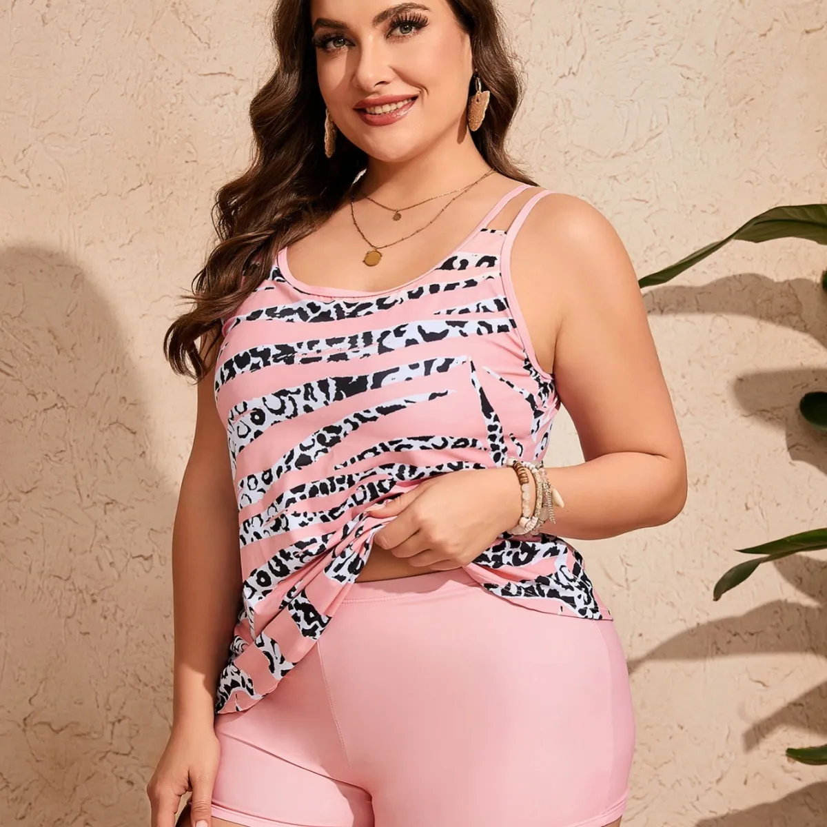Plus Size Women Leopard Print High Waist Tankini Swimsuit Set