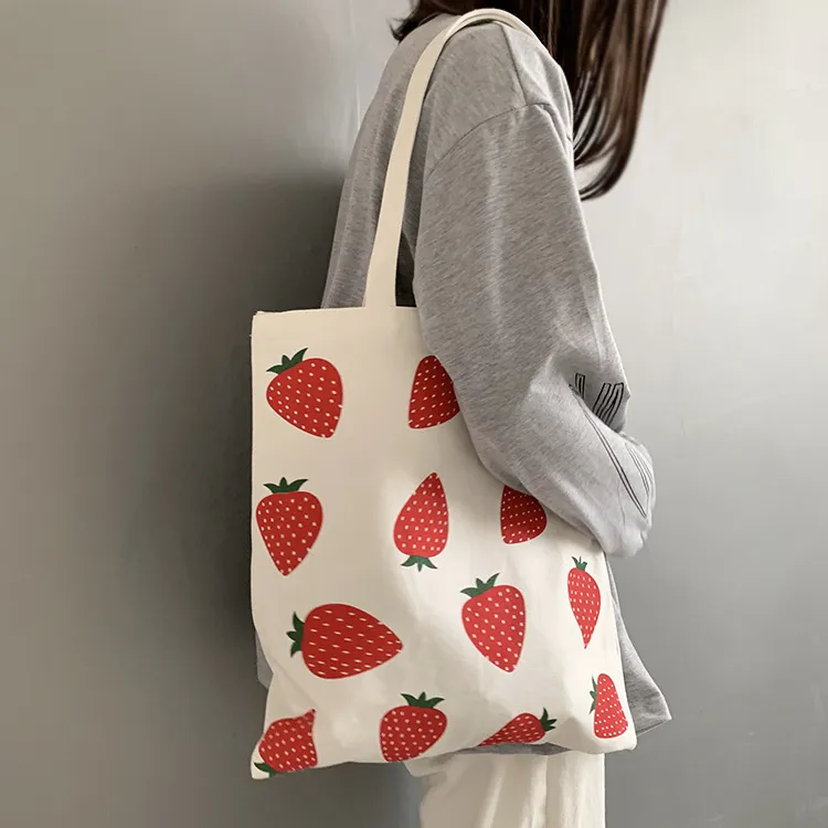 Women Fashion Cartoon Strawberry Print Canvas Tote Bag Large Capacity Zipper