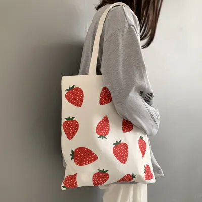 Women Fashion Cartoon Strawberry Print Large Capacity Canvas Tote Bag