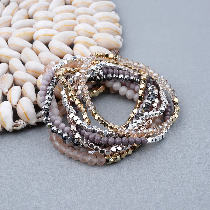 Women's Simple Golden Copper Elbow Acrylic Facet Crystal Beaded Bracelet