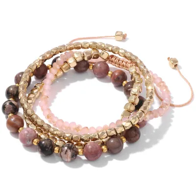 Women Bohemian Pine Stone Gold Beads Woven Bracelet Set