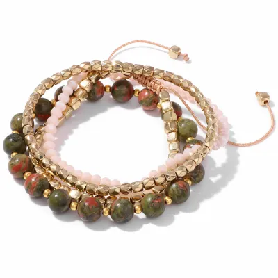 Women Bohemian Pine Stone Gold Beads Woven Bracelet Set