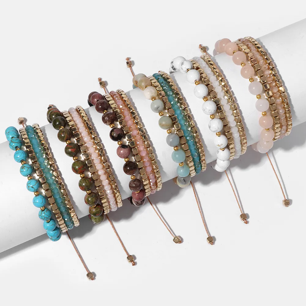 Women Bohemian Pine Stone Gold Beads Woven Bracelet Set