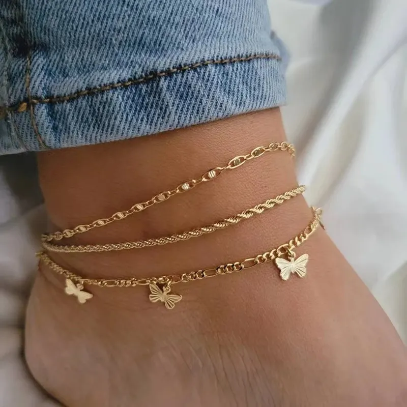 Women Fashion Twist Chain Butterfly Pendant Three-Layer Alloy Anklet