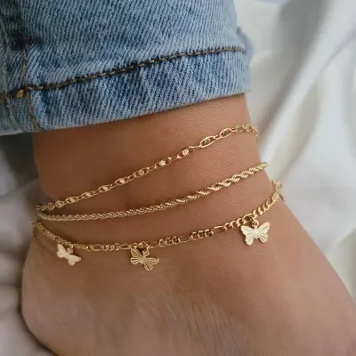 Women Fashion Twist Chain Butterfly Pendant Three-Layer Anklet