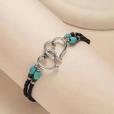 Women Fashion Heart-Shaped Rice Beads Turquoise Anklet Double-Layer