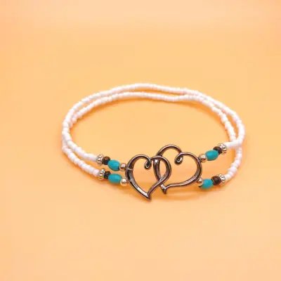 Women Fashion Heart-Shaped Rice Beads Turquoise Anklet Double-Layer
