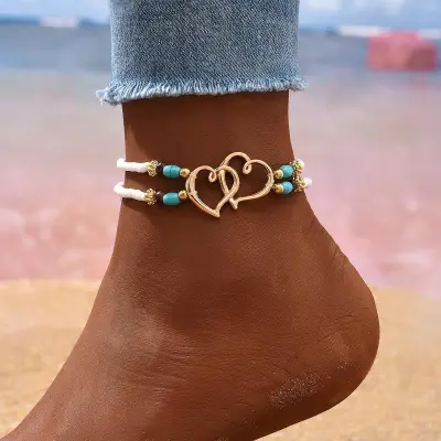 Women Fashion Heart-Shaped Rice Beads Turquoise Anklet Double-Layer