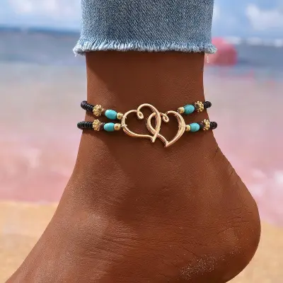 Women Fashion Heart-Shaped Rice Beads Turquoise Anklet Double-Layer