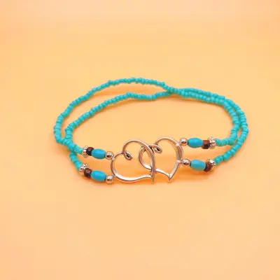 Women Fashion Heart-Shaped Rice Beads Turquoise Anklet Double-Layer
