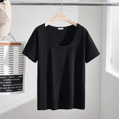 Plus Size Women Summer Solid Color U Neck Cotton Short Sleeve T-Shirt
