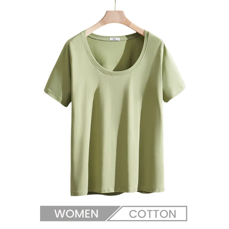 Plus Size Women Summer Solid Color U Neck Cotton Short Sleeve T-Shirt