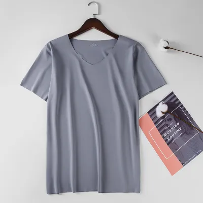 Men Seamless Ice Silk Short Sleeve Summer V Neck T-Shirt