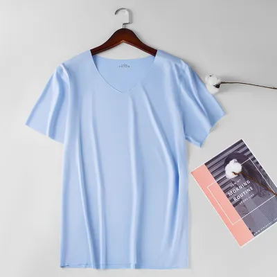 Men Seamless Ice Silk Short Sleeve Summer V Neck T-Shirt