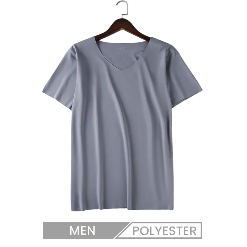 Men Seamless Ice Silk Short Sleeve Summer V Neck T-Shirt