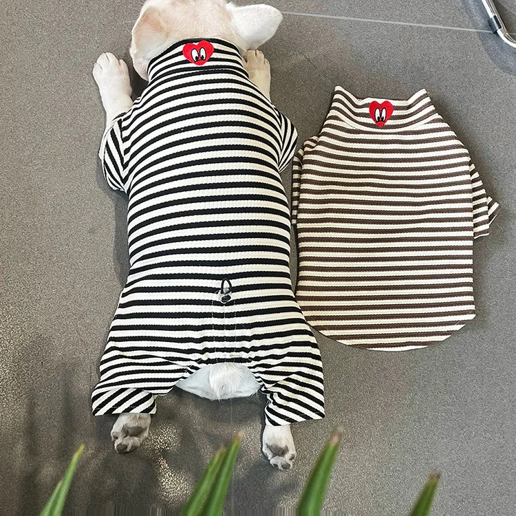 Simple Cartoon Striped Heart-Shaped Printed Cotton Pet Dog Clothes for Leisure Wear