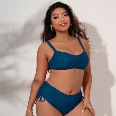 Plus Size Women Sexy Solid Color Drawstring Tankini Bright Swimsuit Set