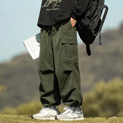 Men Fashion Casual Corduroy Solid Cargo Straight Pants Fleece-Lined