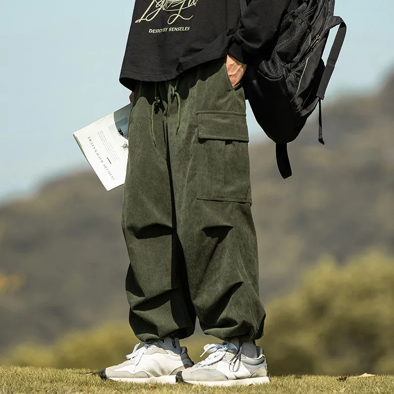 Men Fashion Casual Corduroy Solid Cargo Straight Pants Fleece-Lined