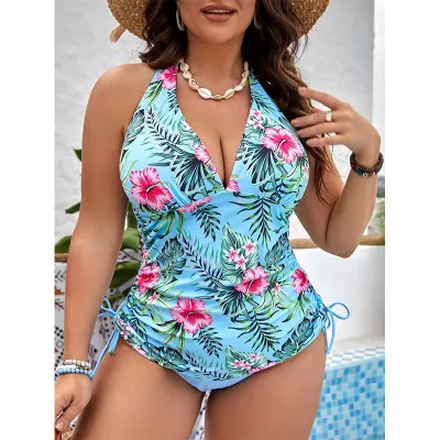 Women Plus Size Sexy Deep V-Neck Floral Print Drawstring Tankini Swimsuit Set